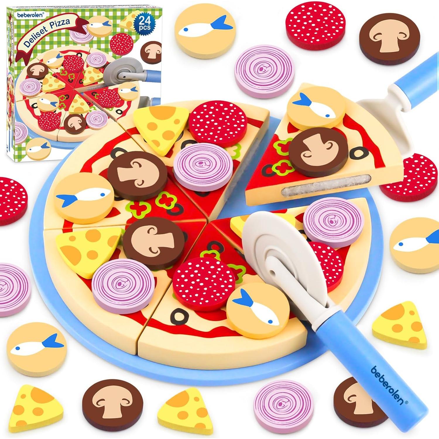 Juego de Comida de Madera para Cortar y Pizza - 2 en 1
