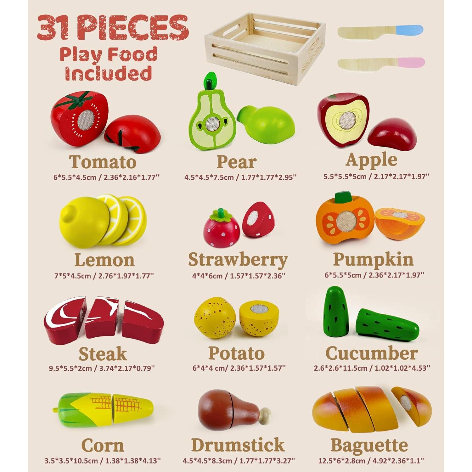 Juego de Comida de Madera para Cortar y Pizza - 2 en 1