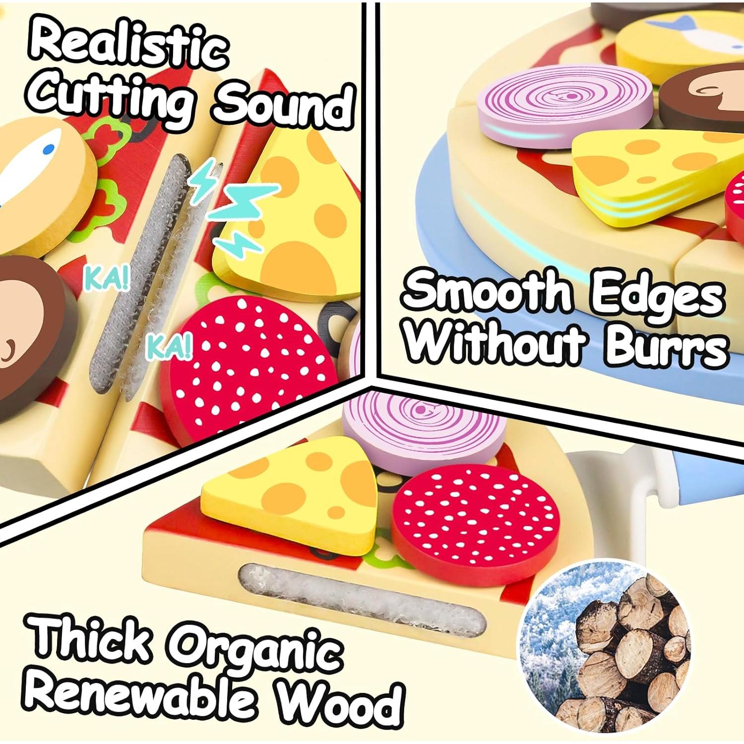 Juego de Comida de Madera para Cortar y Pizza - 2 en 1