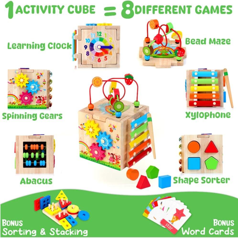 Cubo de Actividad de Madera Batlofty 8-en-1 para Niños 1-3 Años