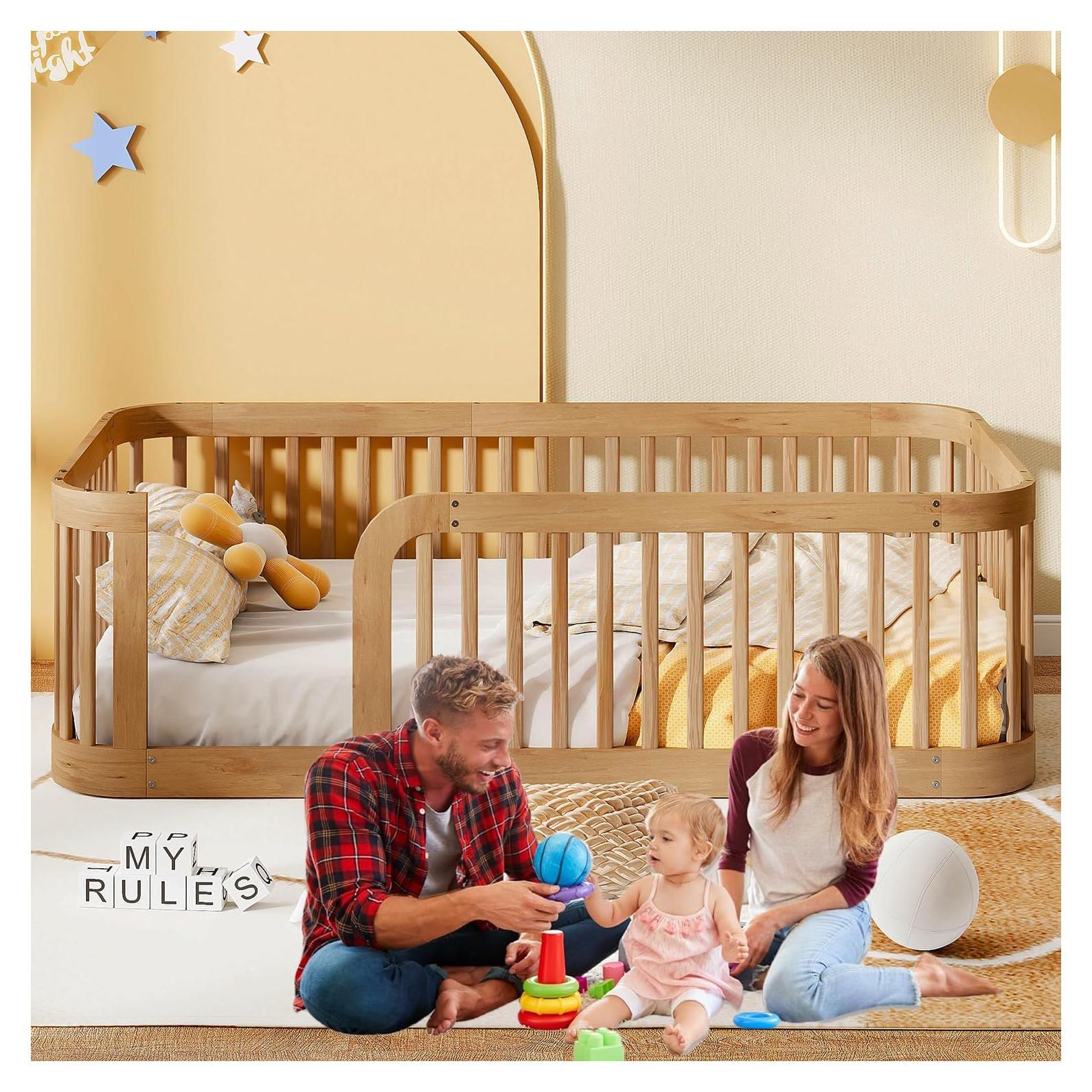 Cama de Suelo Montessori Klwenas Maec Twin Natural con Barandilla