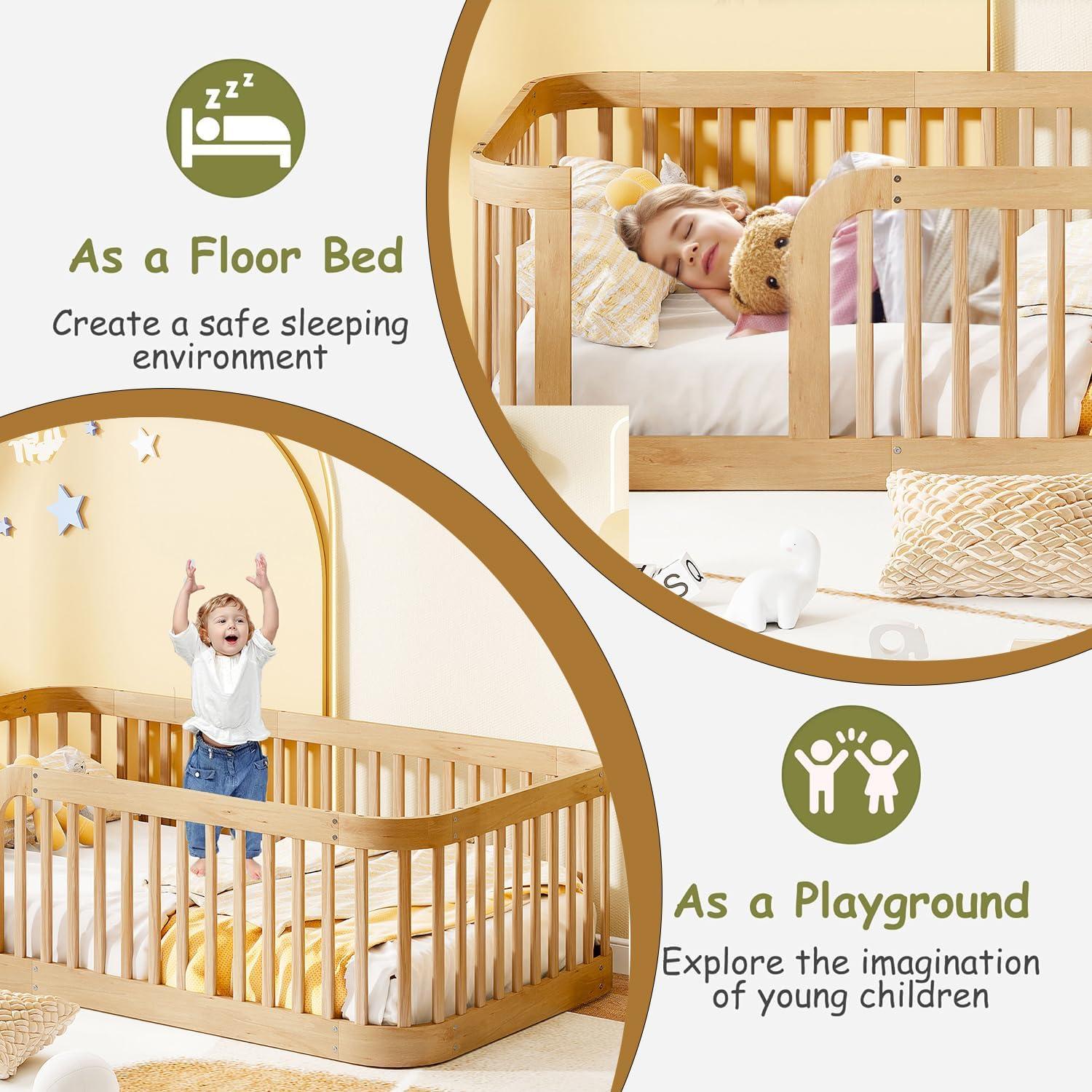 Cama de Suelo Montessori Klwenas Maec Twin Natural con Barandilla