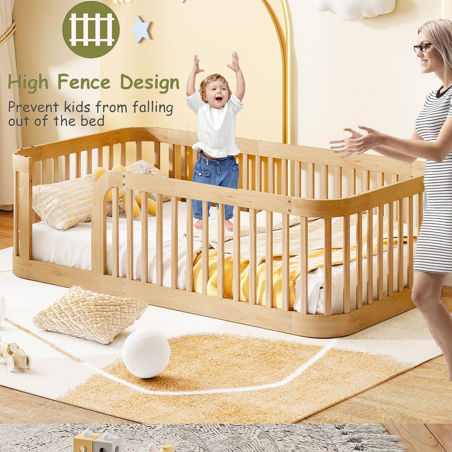 Cama de Suelo Montessori Klwenas Maec Twin Natural con Barandilla