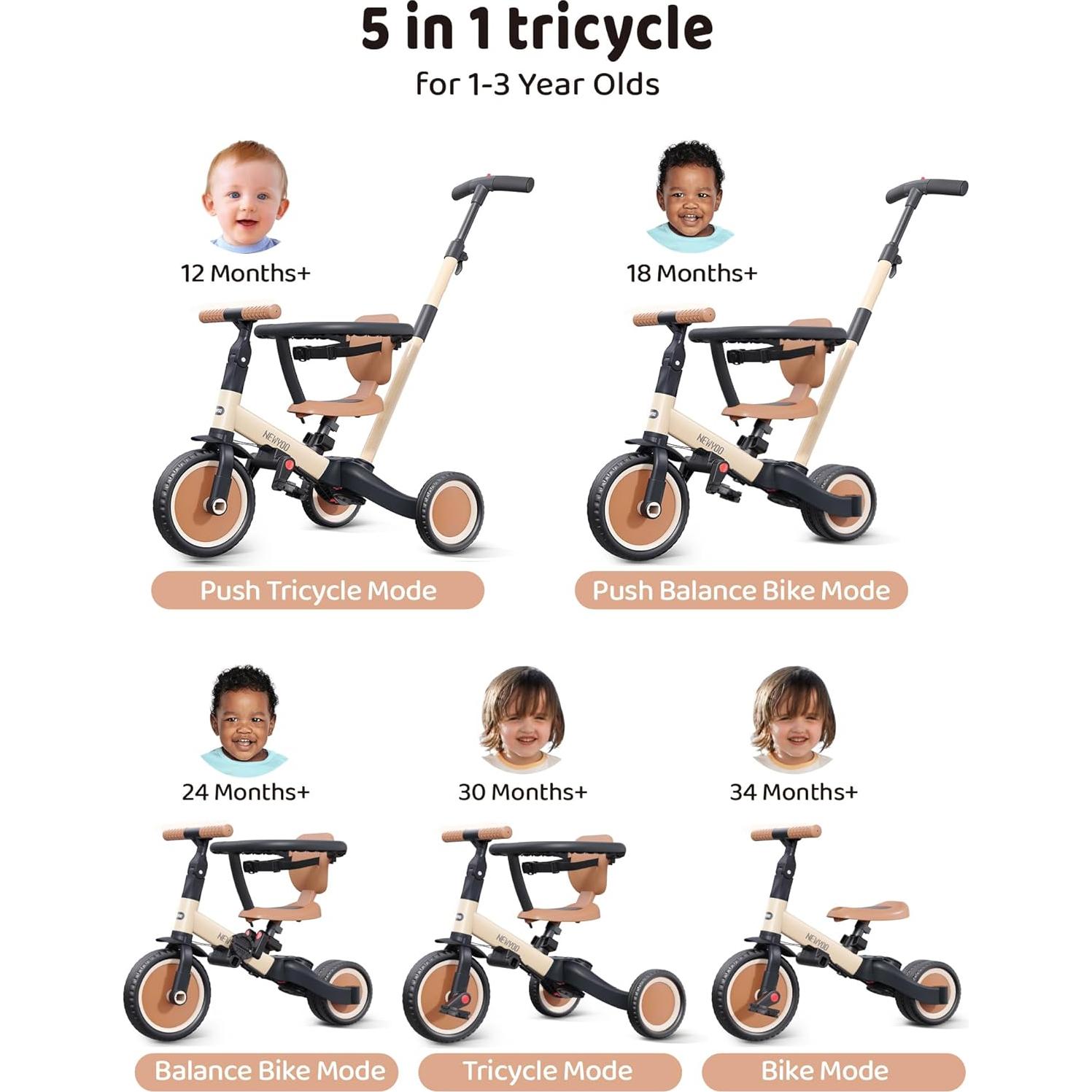 Triciclo 5 en 1 newyoo TR008 para Niños 1-3 Años Crema