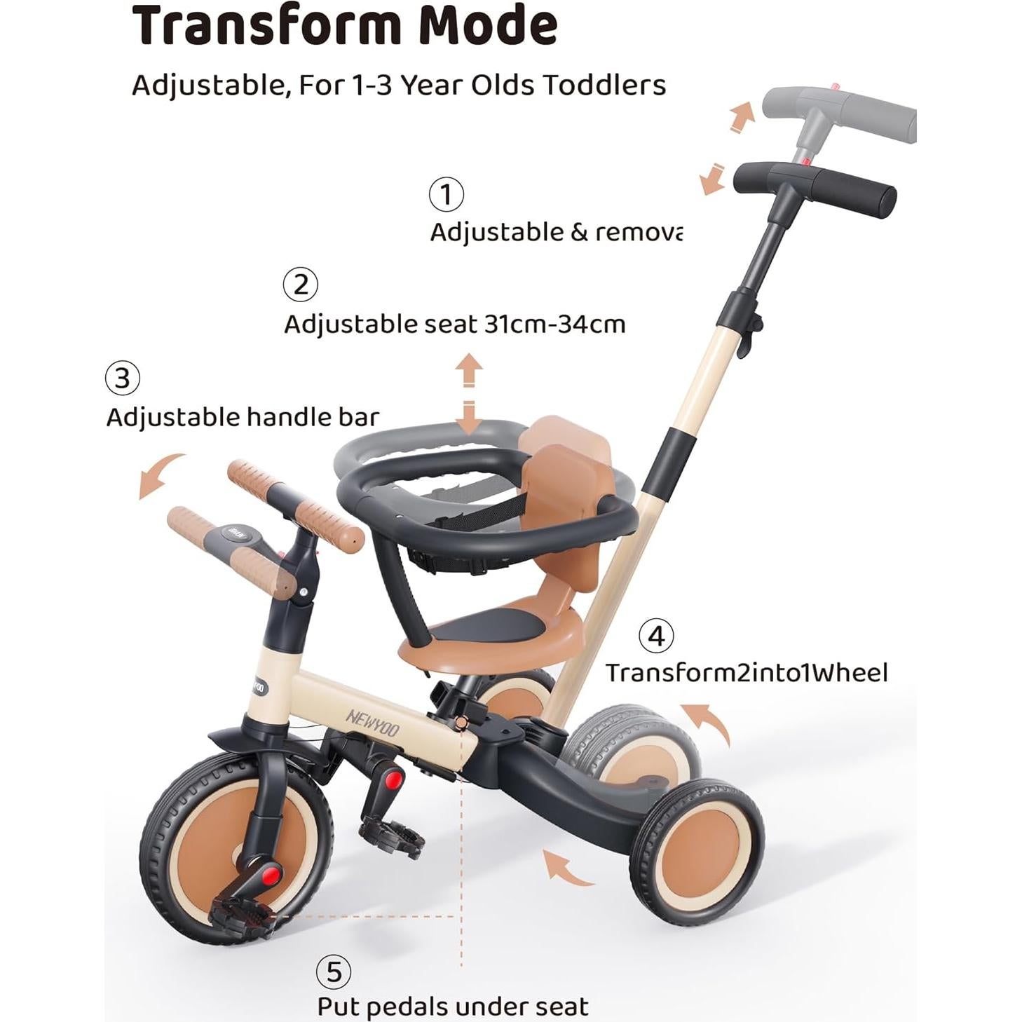 Triciclo 5 en 1 newyoo TR008 para Niños 1-3 Años Crema