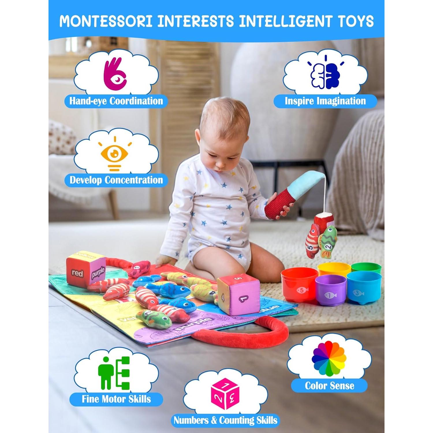 Juguetes Montessori Mikiwon - Juego de Pesca y Tazas Apilables 24 Pcs