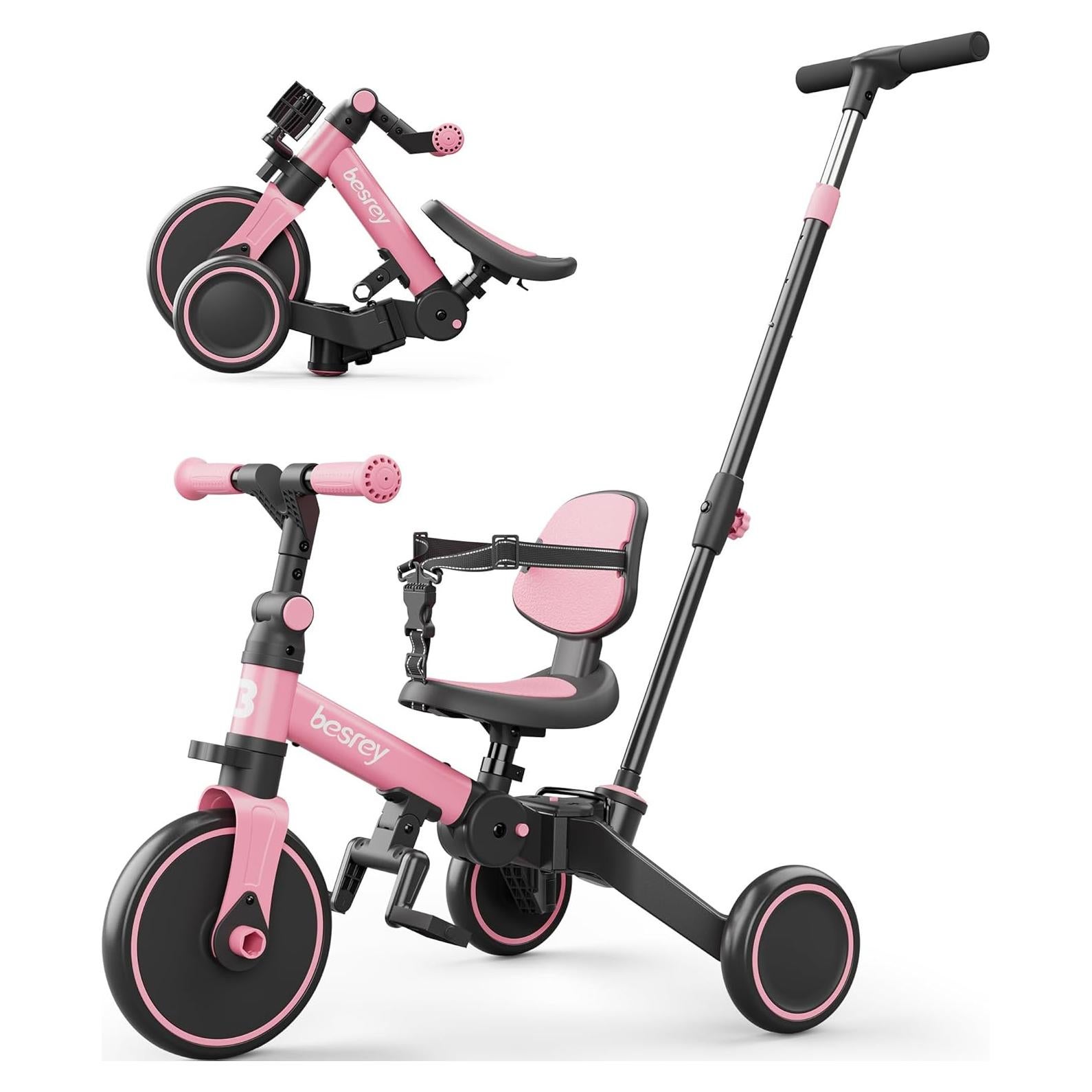 Triciclo 4 en 1 Besrey Rosa para Niños 1-3 Años con Seguridad