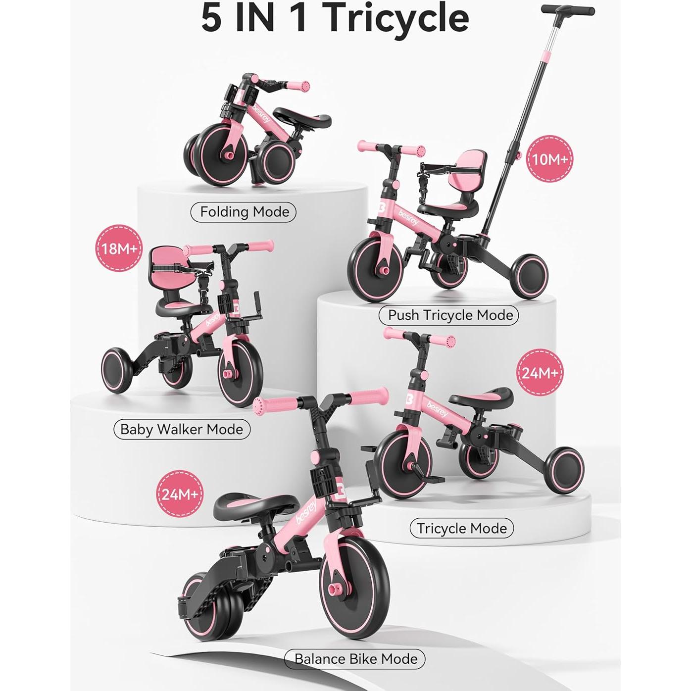 Triciclo 4 en 1 Besrey Rosa para Niños 1-3 Años con Seguridad