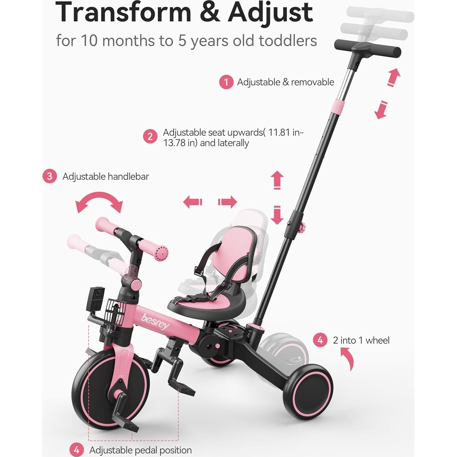Triciclo 4 en 1 Besrey Rosa para Niños 1-3 Años con Seguridad