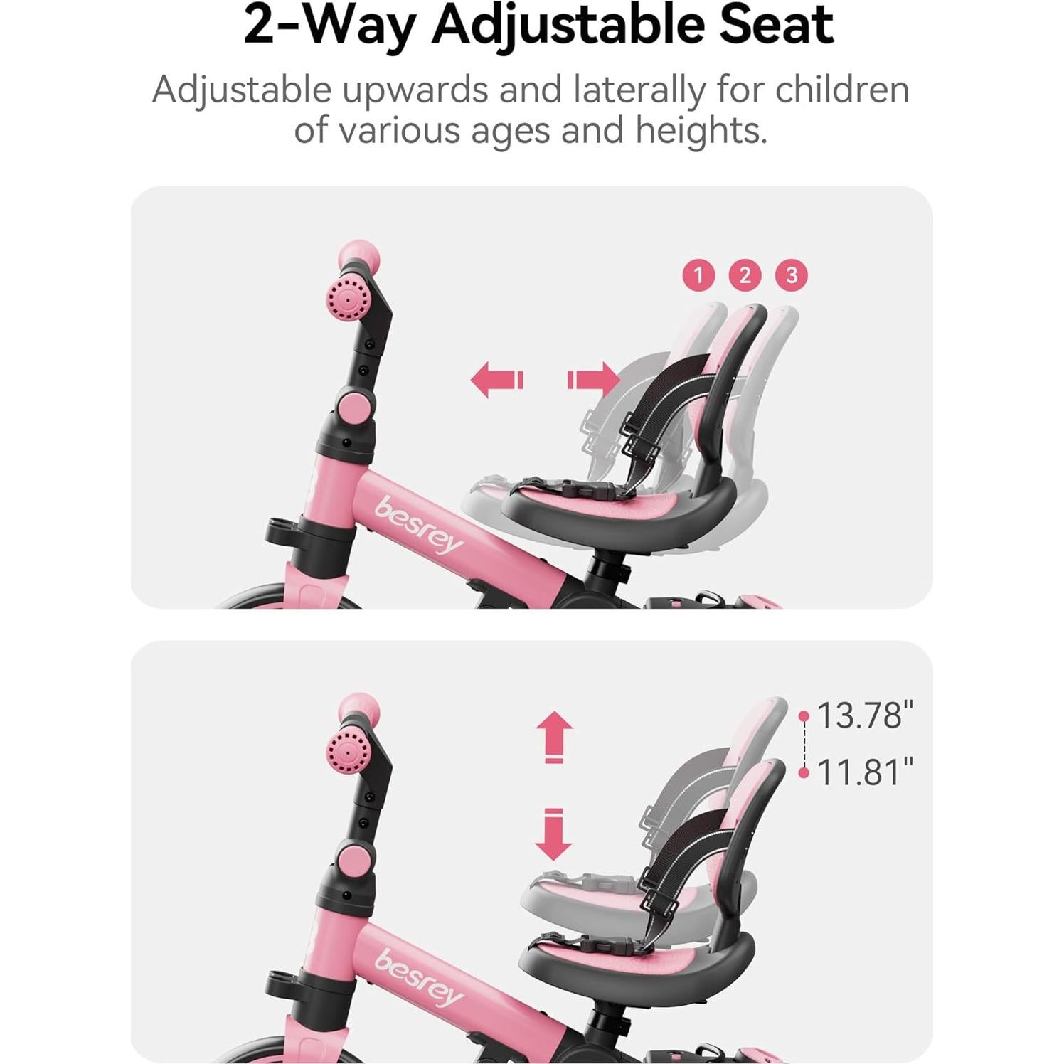 Triciclo 4 en 1 Besrey Rosa para Niños 1-3 Años con Seguridad