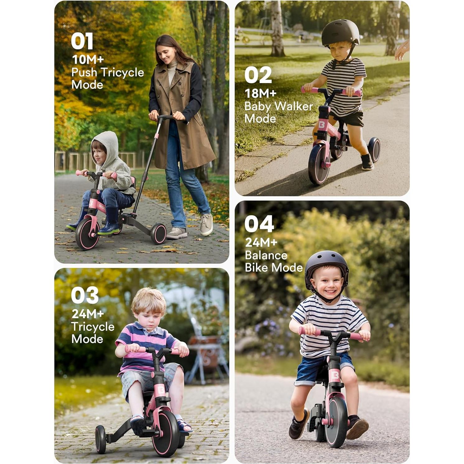 Triciclo 4 en 1 Besrey Rosa para Niños 1-3 Años con Seguridad
