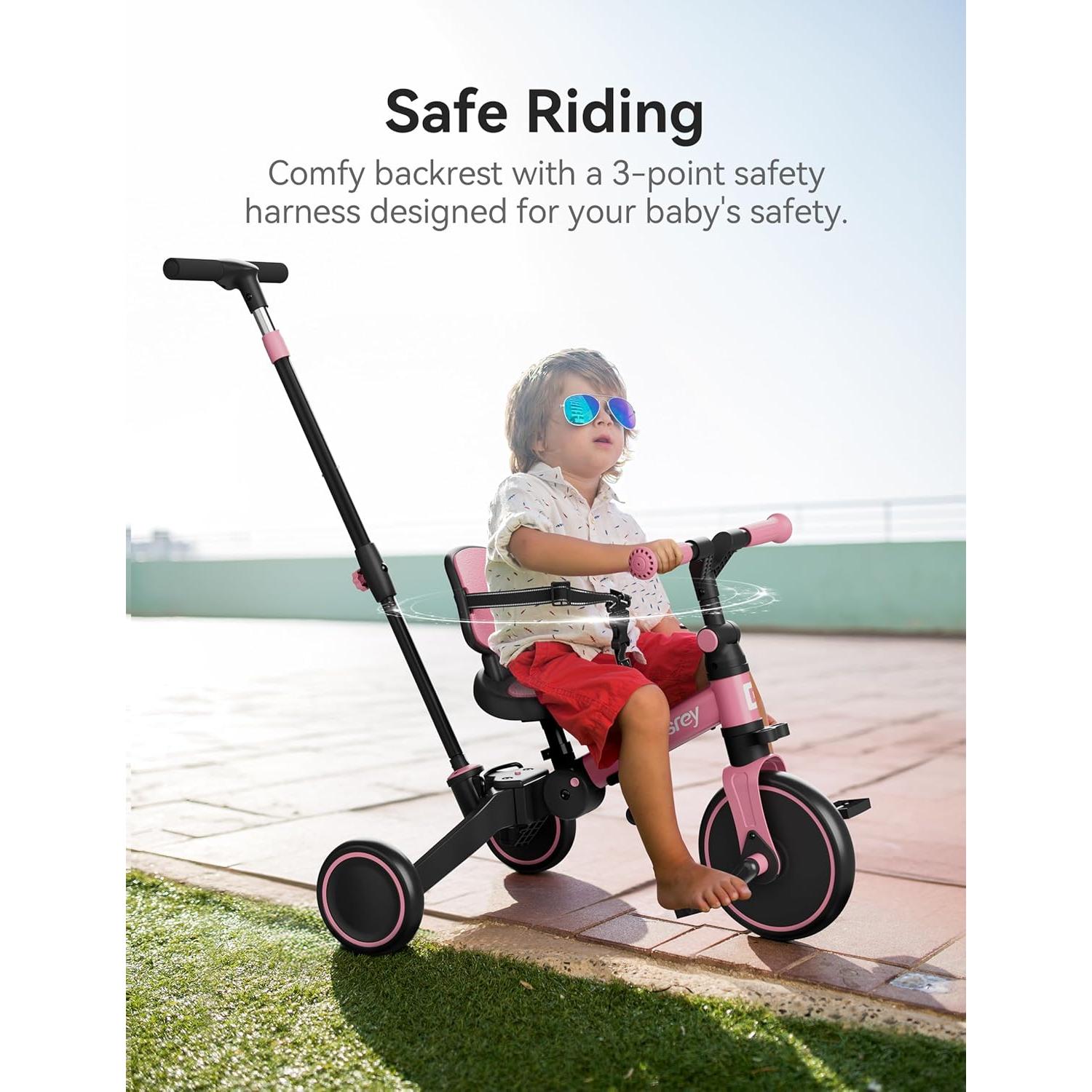 Triciclo 4 en 1 Besrey Rosa para Niños 1-3 Años con Seguridad