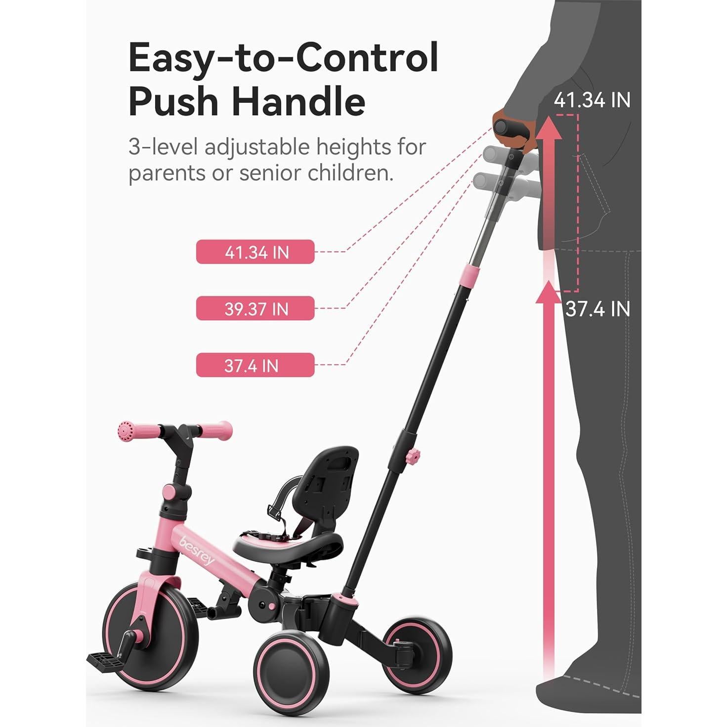 Triciclo 4 en 1 Besrey Rosa para Niños 1-3 Años con Seguridad