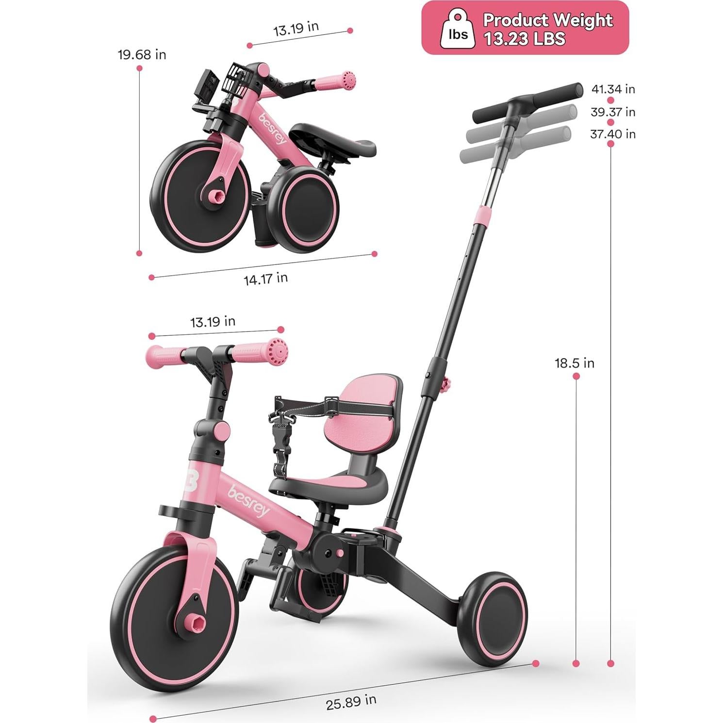 Triciclo 4 en 1 Besrey Rosa para Niños 1-3 Años con Seguridad