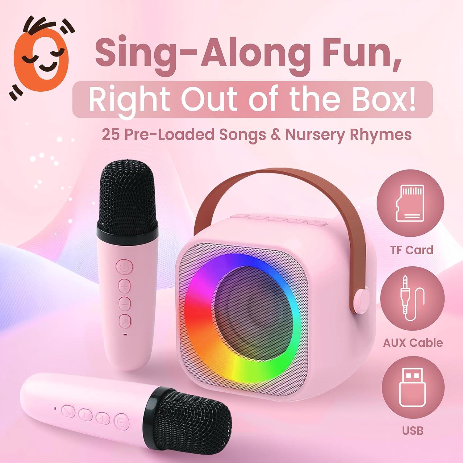 Mini Máquina de Karaoke Two3Sevens Rosa 25 Canciones 2 Micrófonos