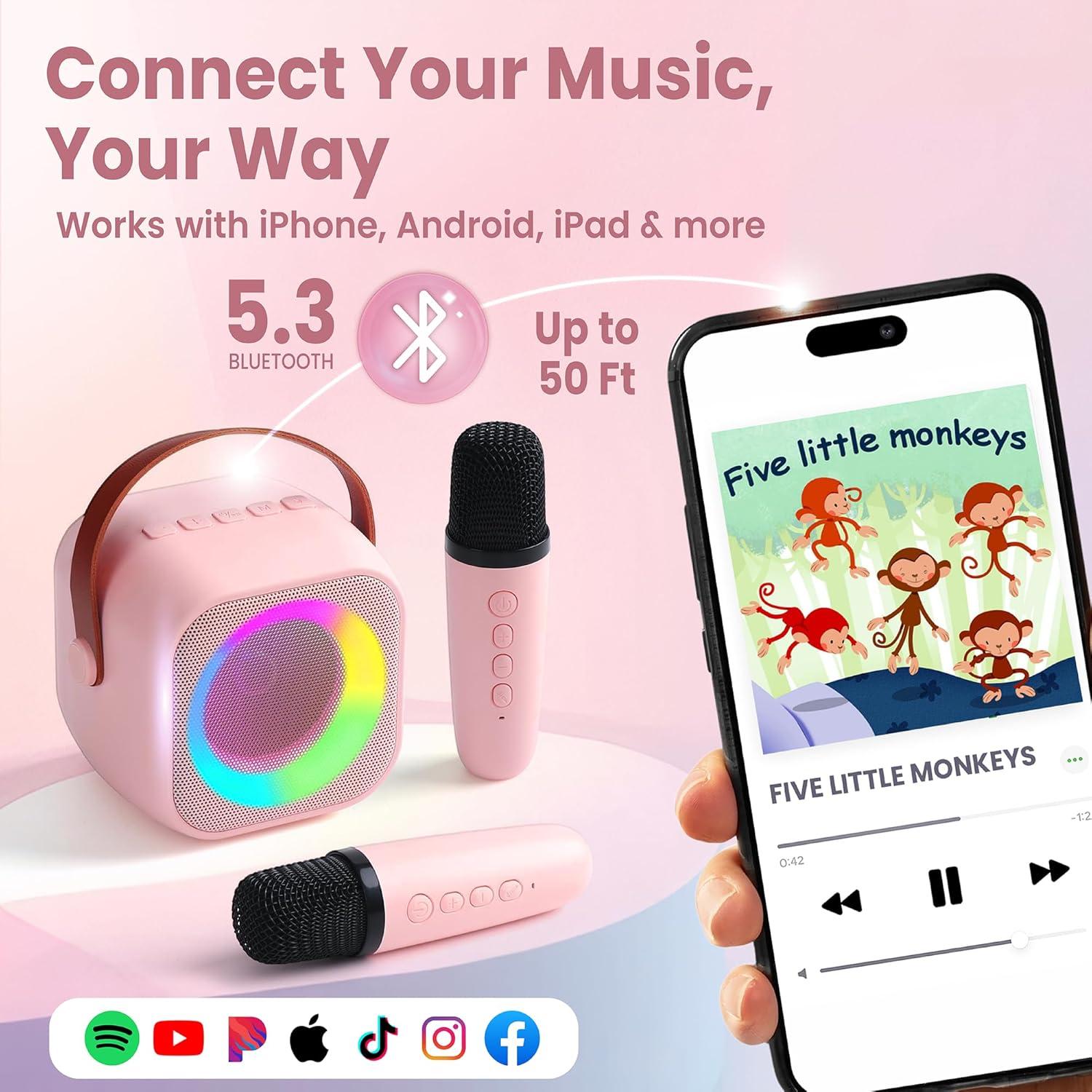 Mini Máquina de Karaoke Two3Sevens Rosa 25 Canciones 2 Micrófonos