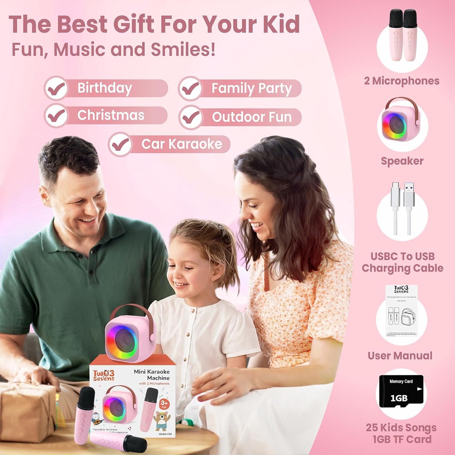 Mini Máquina de Karaoke Two3Sevens Rosa 25 Canciones 2 Micrófonos