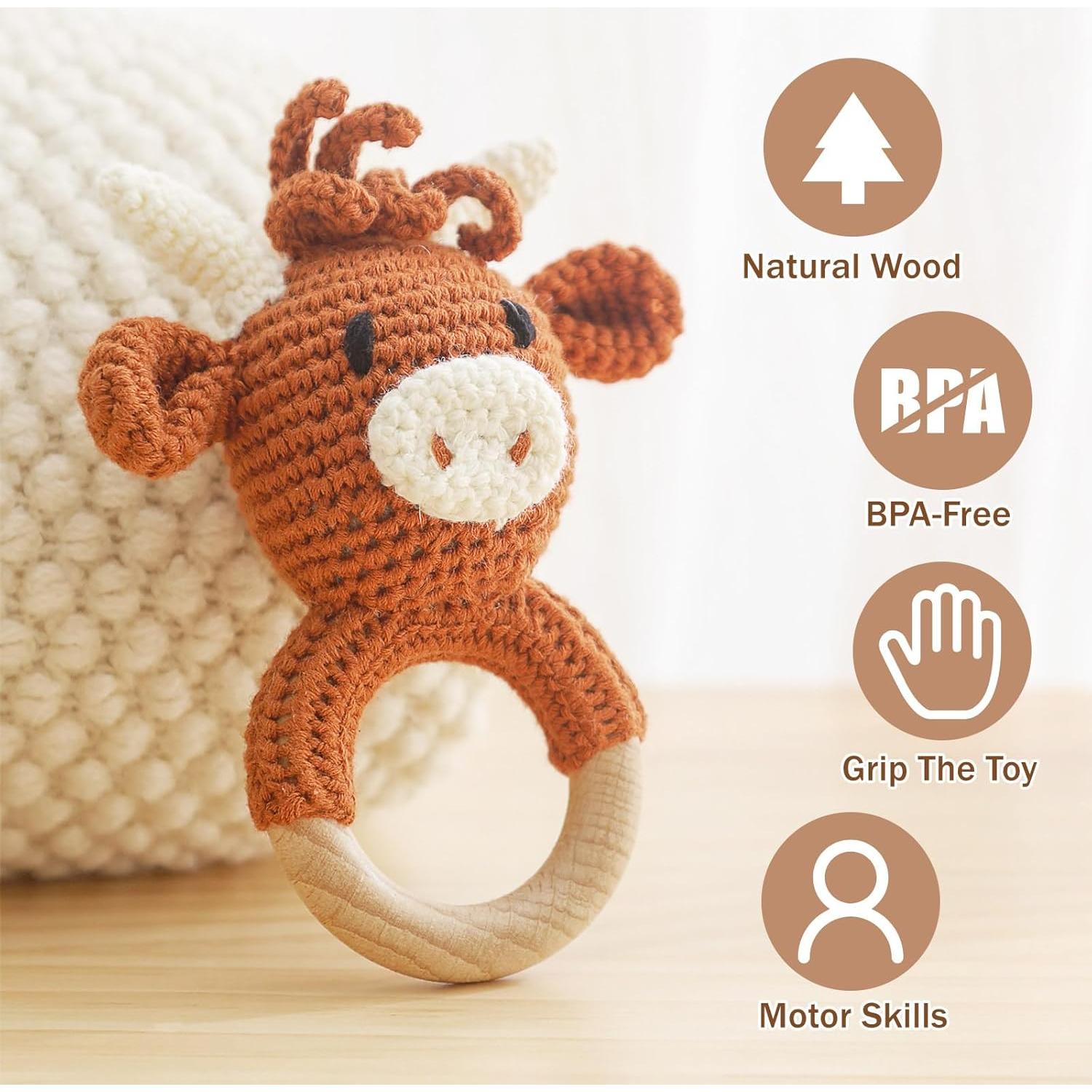 Sonajero de Madera Chriswell Vaca para Bebés - Juguete Seguro