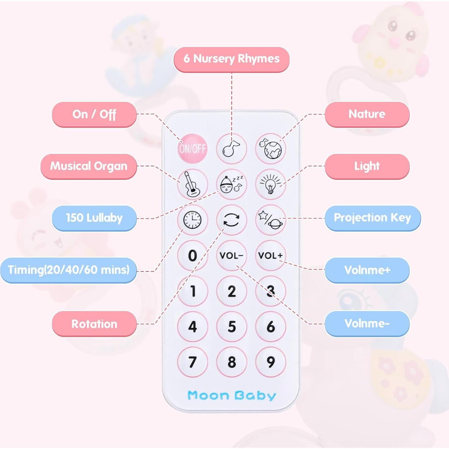 Móvil Musical para Cuna BOBCIN Rosa con Proyector y Luz