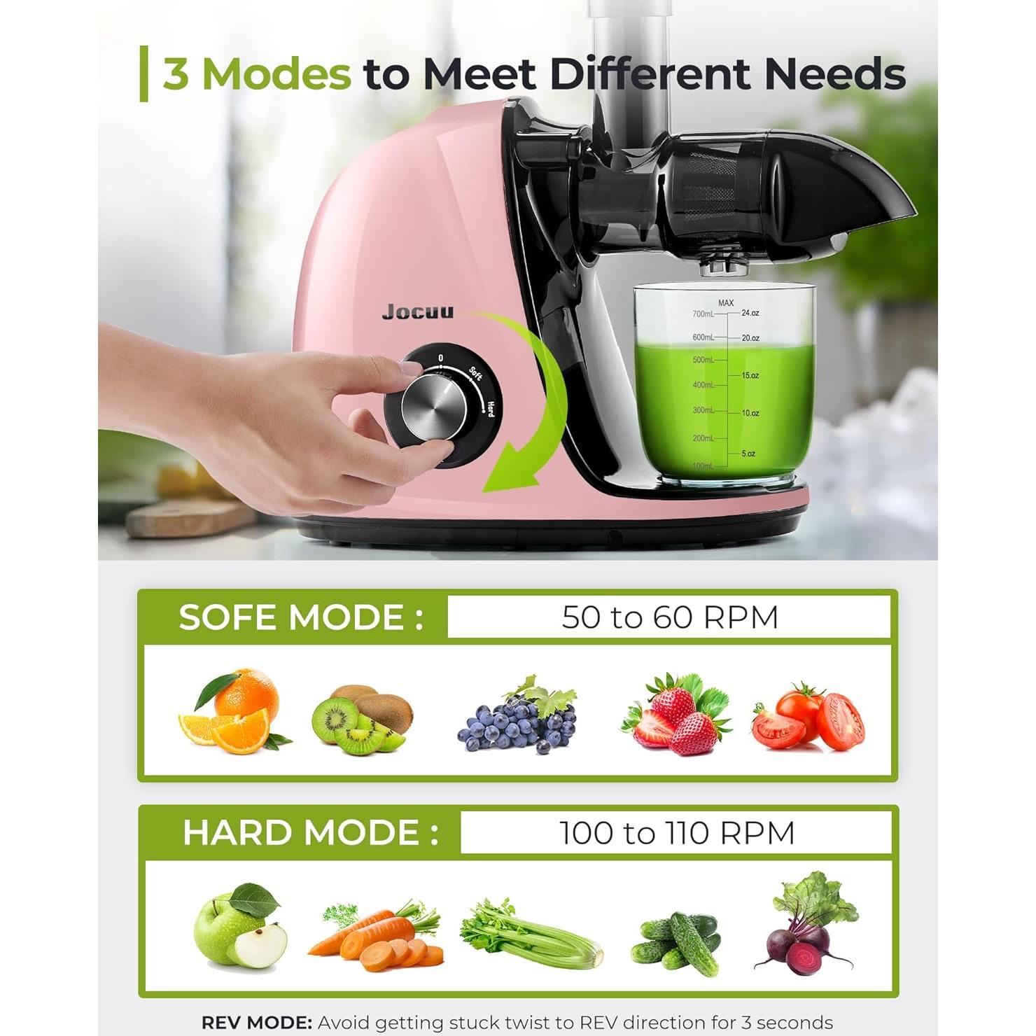 Extractor de Jugo Lento Jocuu Rosa Claro - 2 Velocidades, Silencioso
