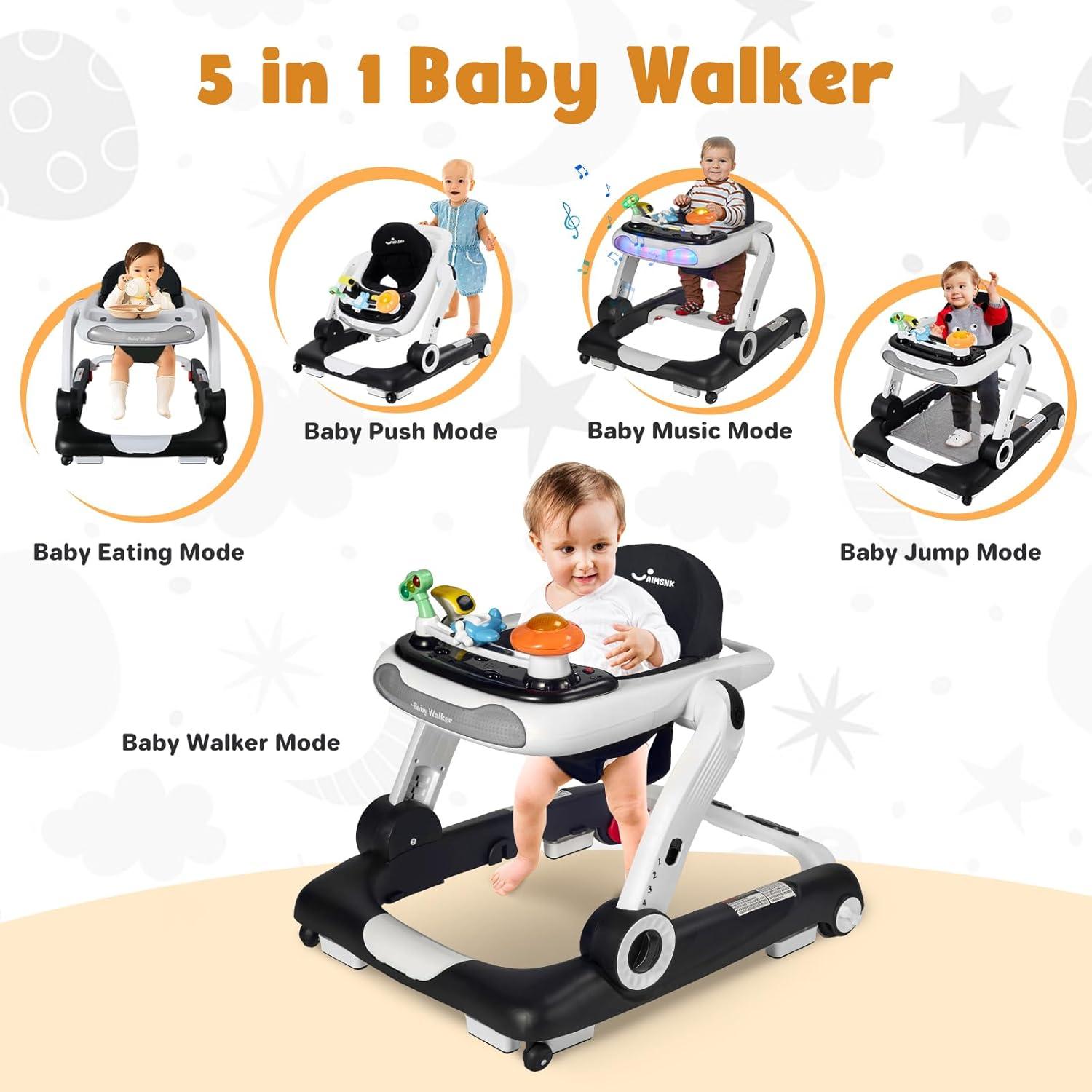 Andador 5 en 1 para Bebé Negro - Altura Ajustable y Musical