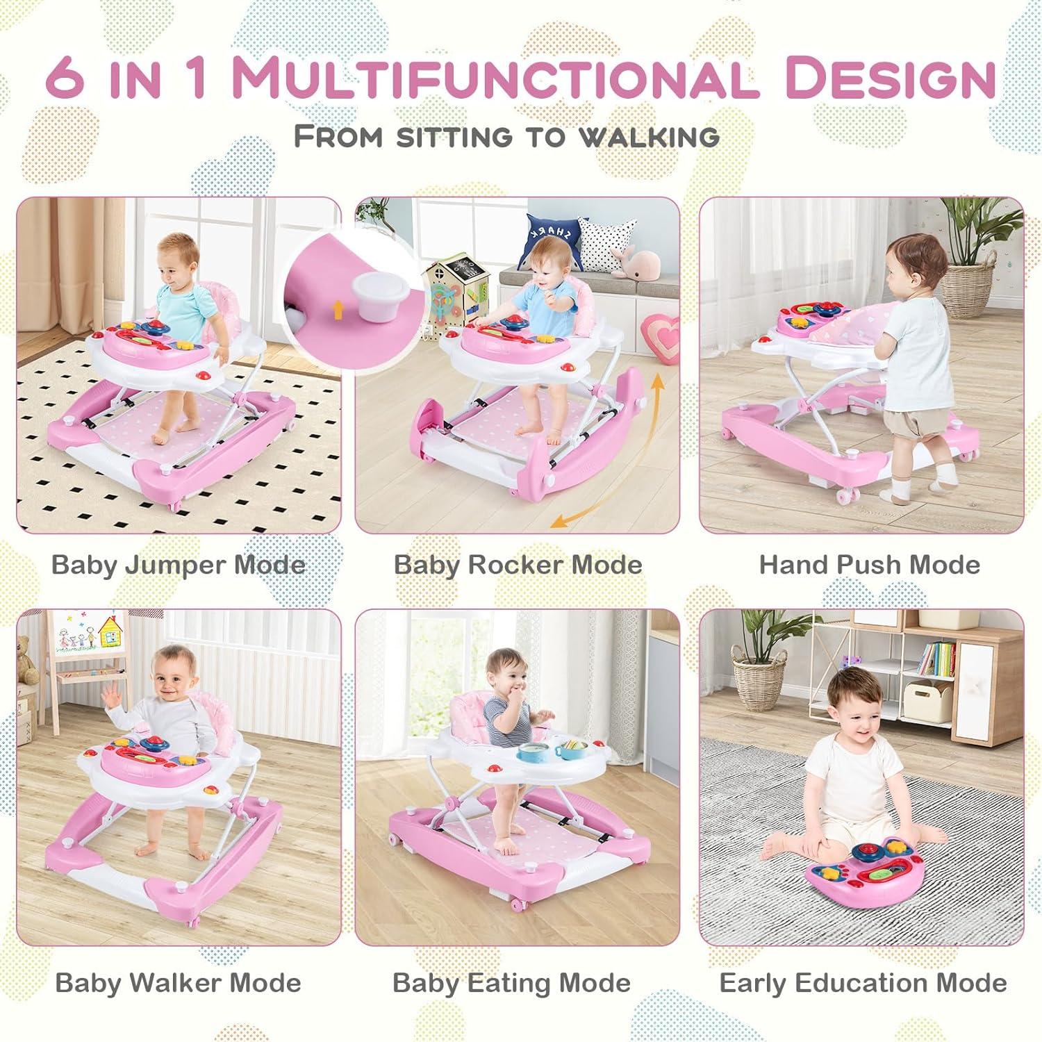 Andador 6-en-1 BABY JOY Plegable Rosa con Música y Luces