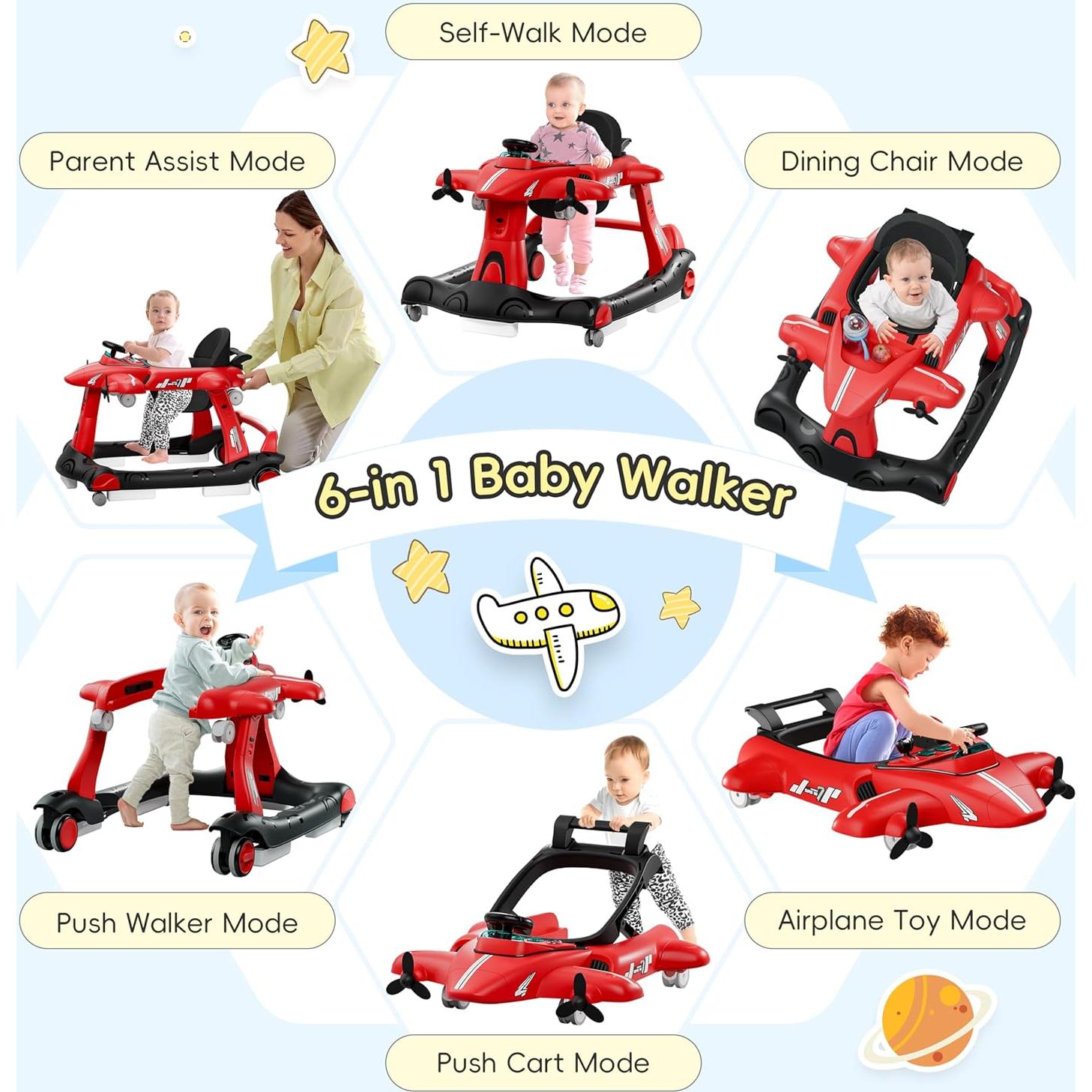 Andador 6-en-1 Xilingol para Bebés Rojo, Altura Ajustable, Música