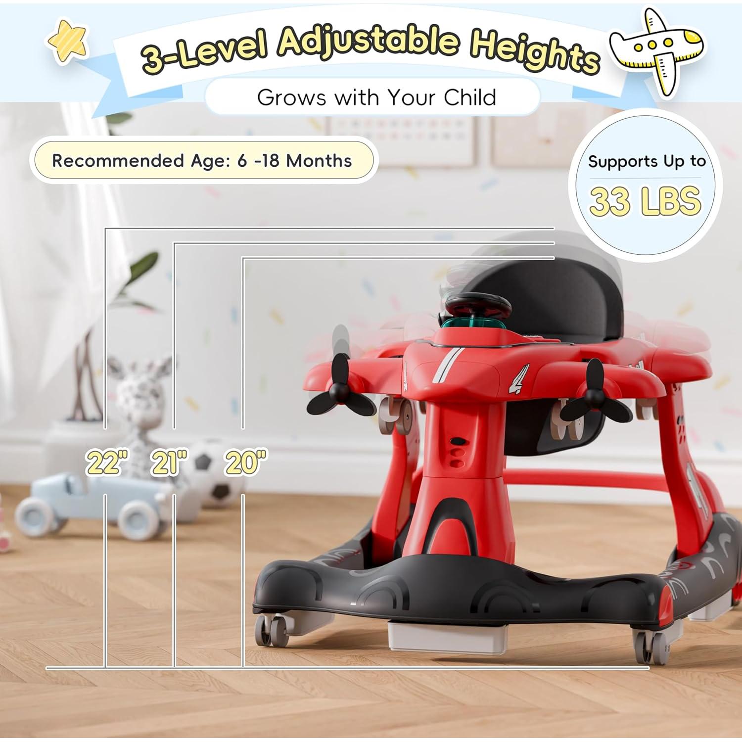 Andador 6-en-1 Xilingol para Bebés Rojo, Altura Ajustable, Música