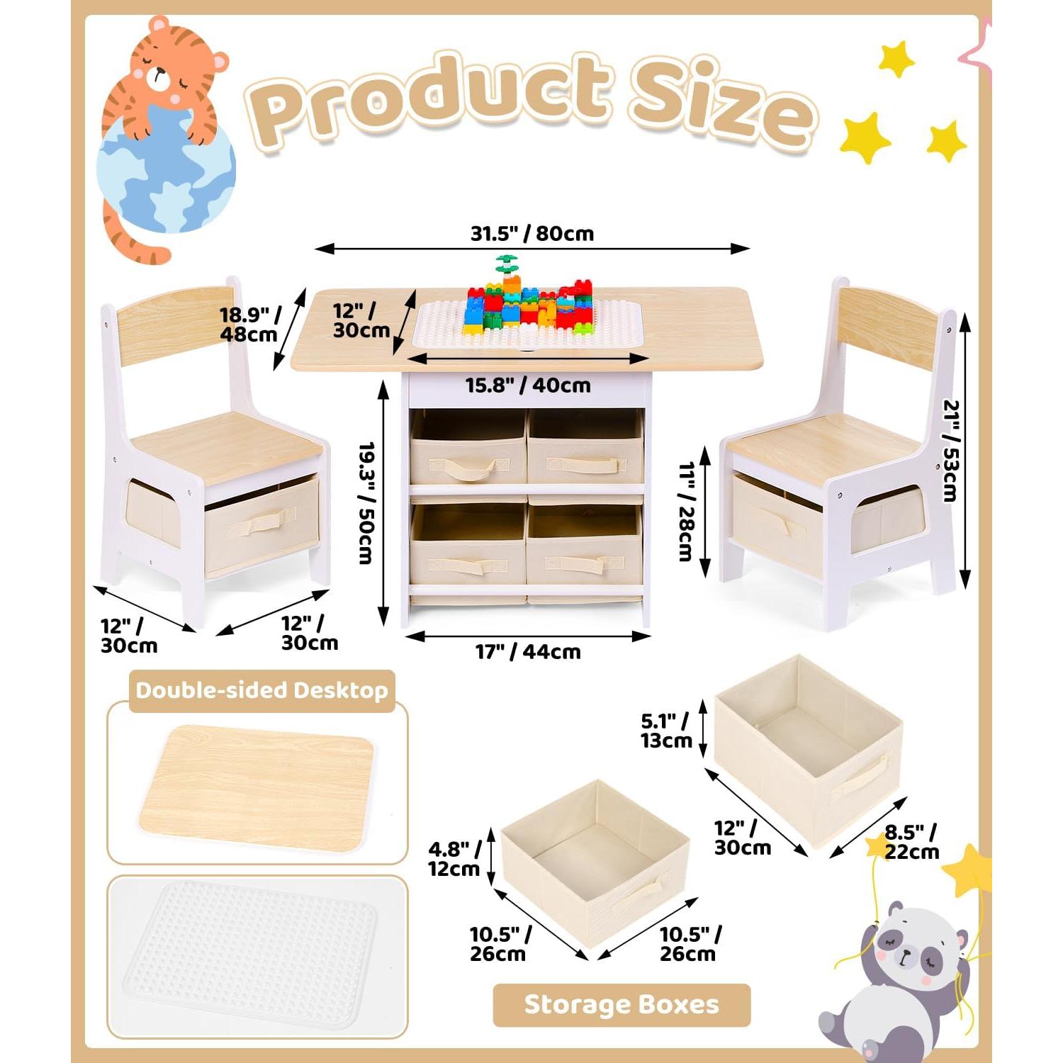 Conjunto Mesa y 2 Sillas para Niños Relquorax Natural 80x48 cm