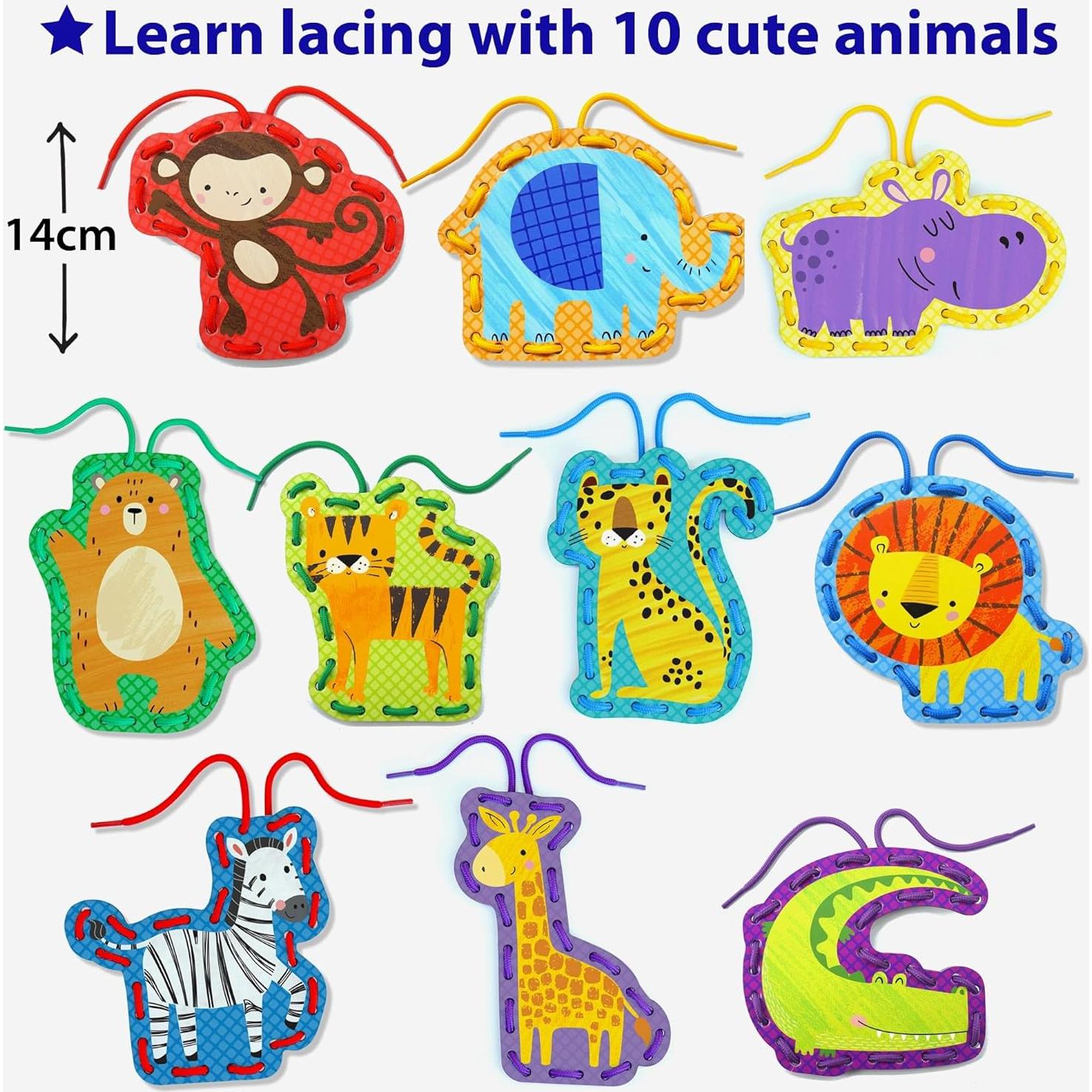 KRAFUN Kit de Enhebrado para Preescolar - 10 Tarjetas Safari