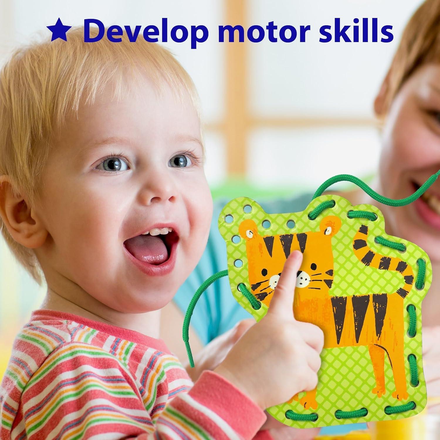 KRAFUN Kit de Enhebrado para Preescolar - 10 Tarjetas Safari