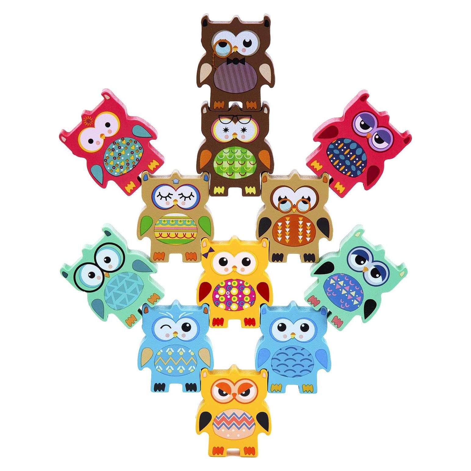Juguetes Apilables de Madera Berry President - 12 Piezas Búhos