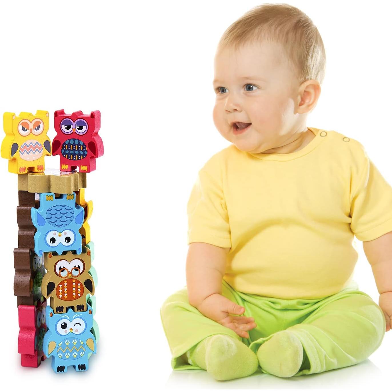 Juguetes Apilables de Madera Berry President - 12 Piezas Búhos