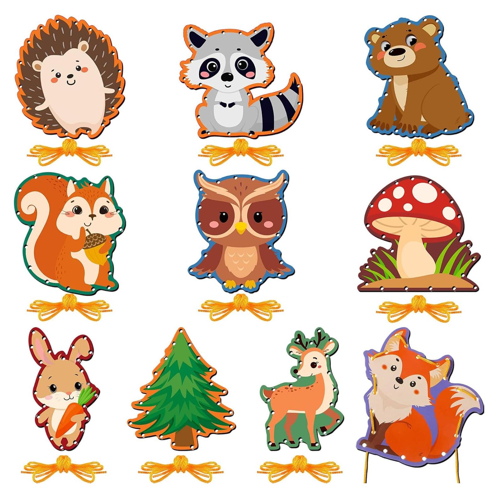 10 Tarjetas de Enhebrado Animales del Bosque Pajean 15x15cm