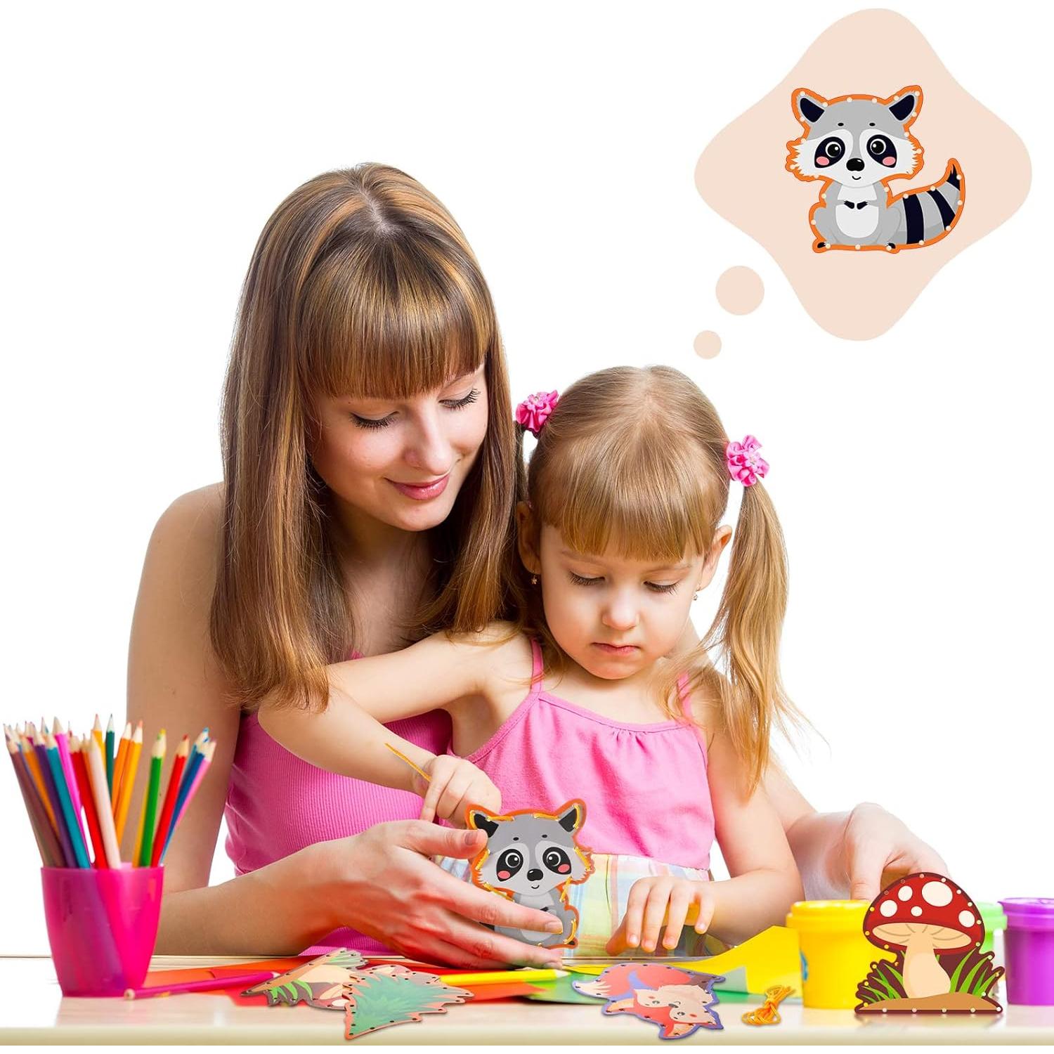 10 Tarjetas de Enhebrado Animales del Bosque Pajean 15x15cm