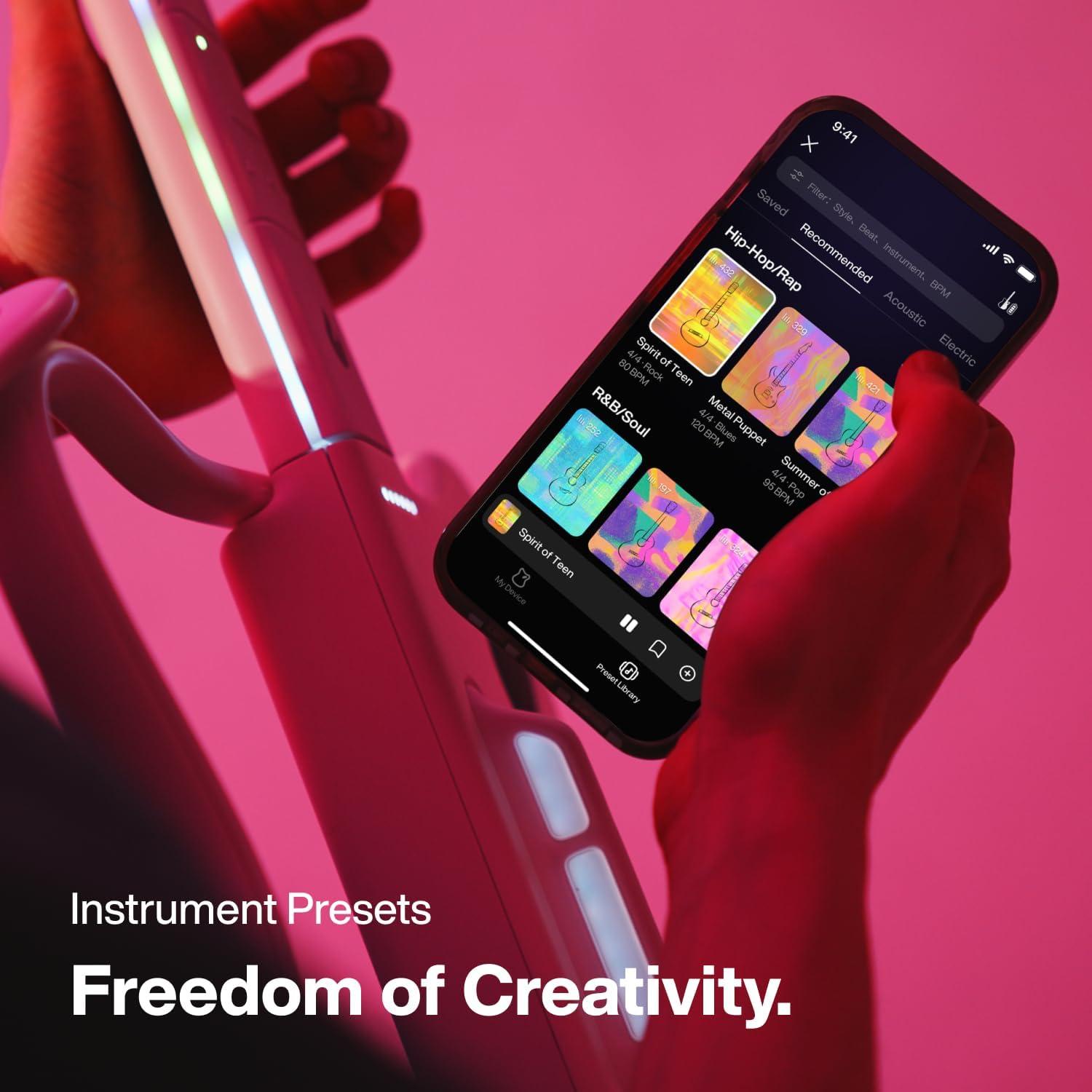 LAVA GENIE Stringless Smart Guitar, No Strings Attached, Hundreds of Instrument Presets, Onboard Speaker, Foldable, Detachable, Black, 30.5 inch.