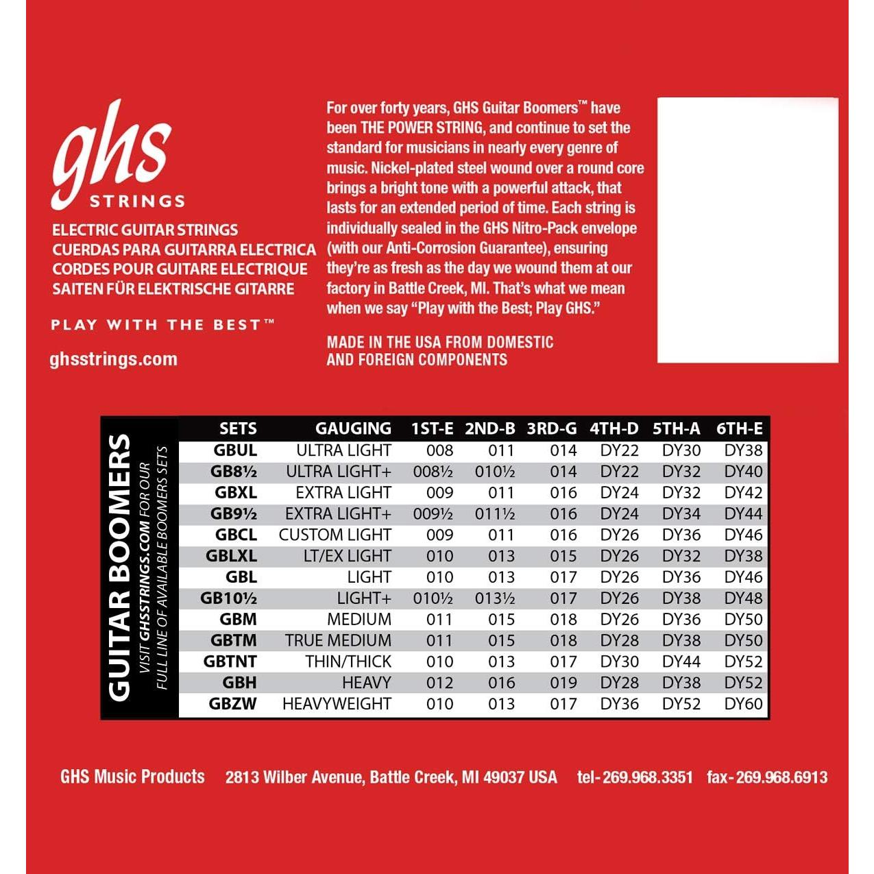 Cuerdas de guitarra eléctrica GHS Boomers GB8 1/2 Ultra Ligero 4 Pack