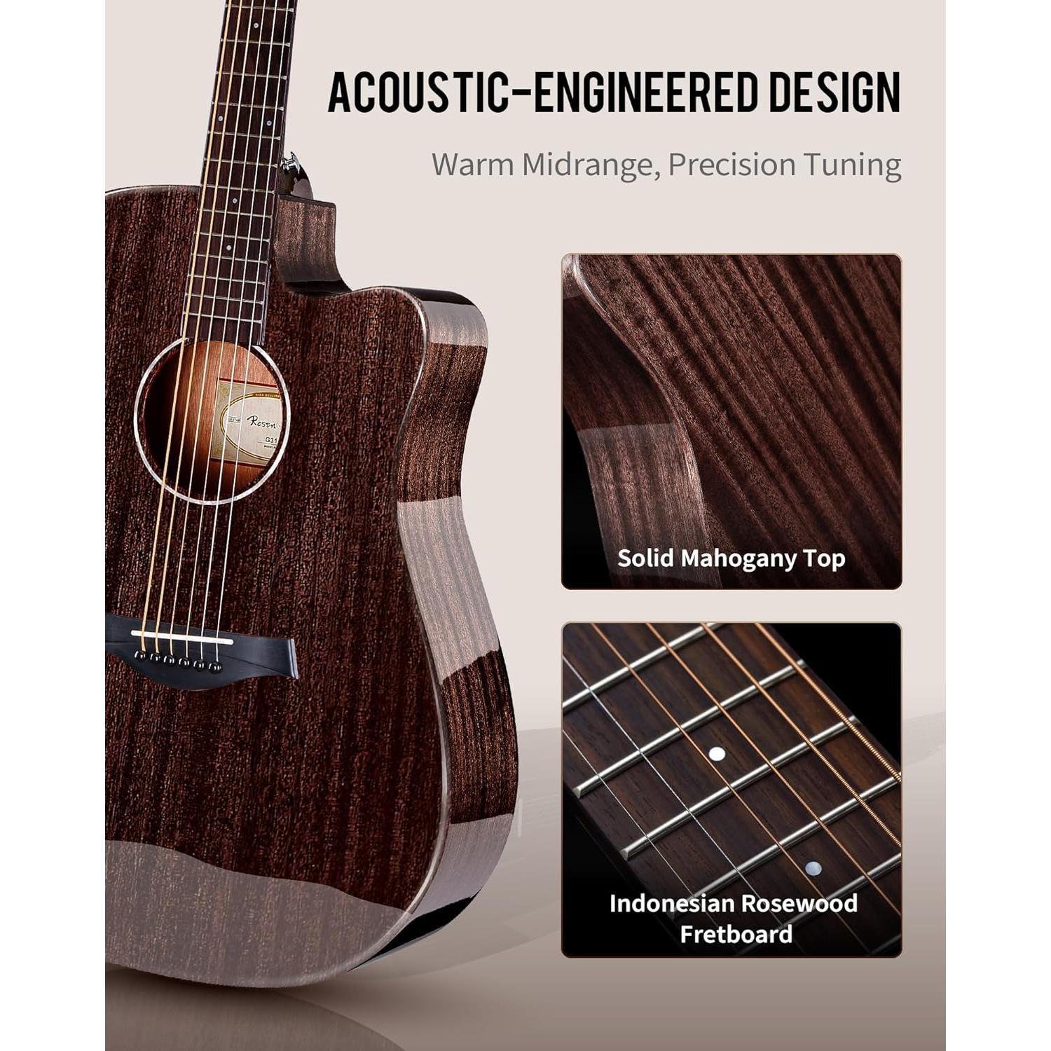 Guitarra Acústica Dreadnought Rosen G31 Negra 41" con Accesorios