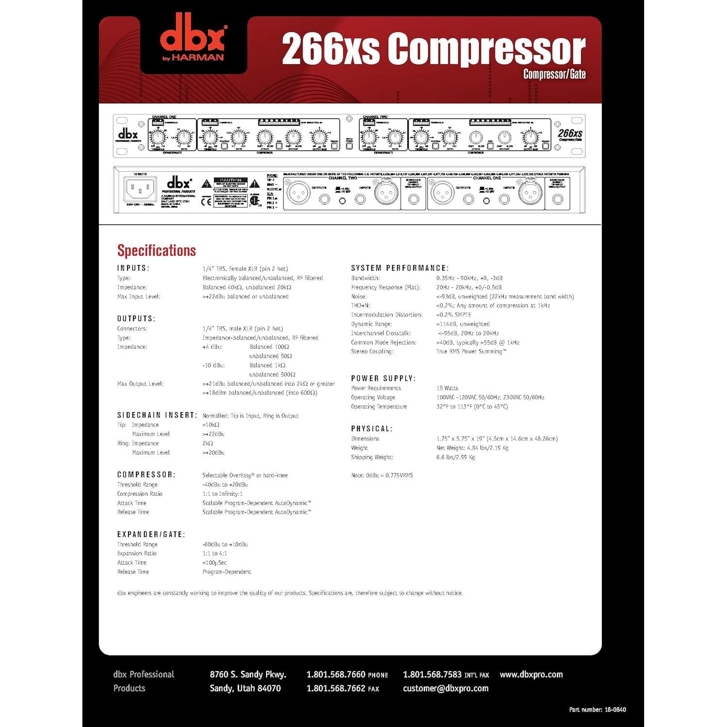 Compresor de Audio dbx 266xs Profesional 1U Plata