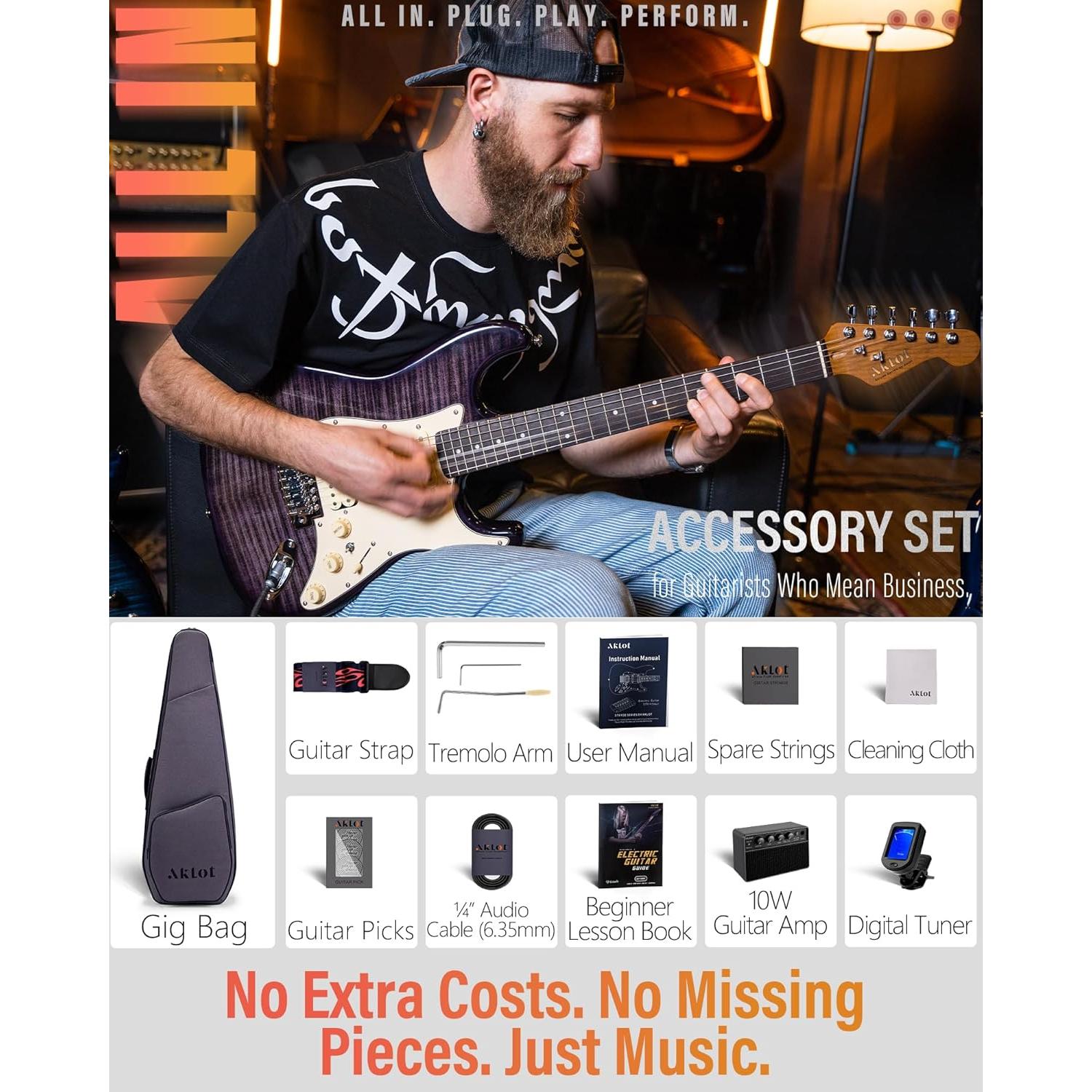 Guitarra Eléctrica AKLOT Stryde HSS con Amplificador y Accesorios