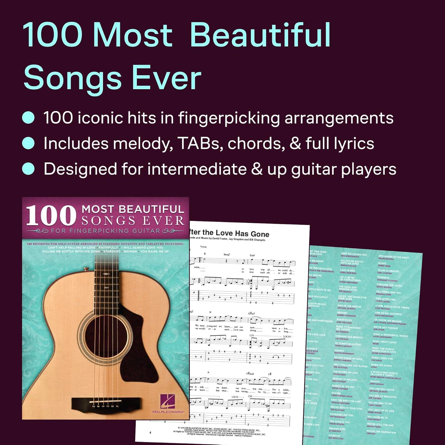 100 Most Beautiful Songs Ever | Fingerpicking Guitar Songbook with Tablature and Standard Notation | Timeless Classics Across Genres | Solo Guitar Arrangements for All Skill Levels