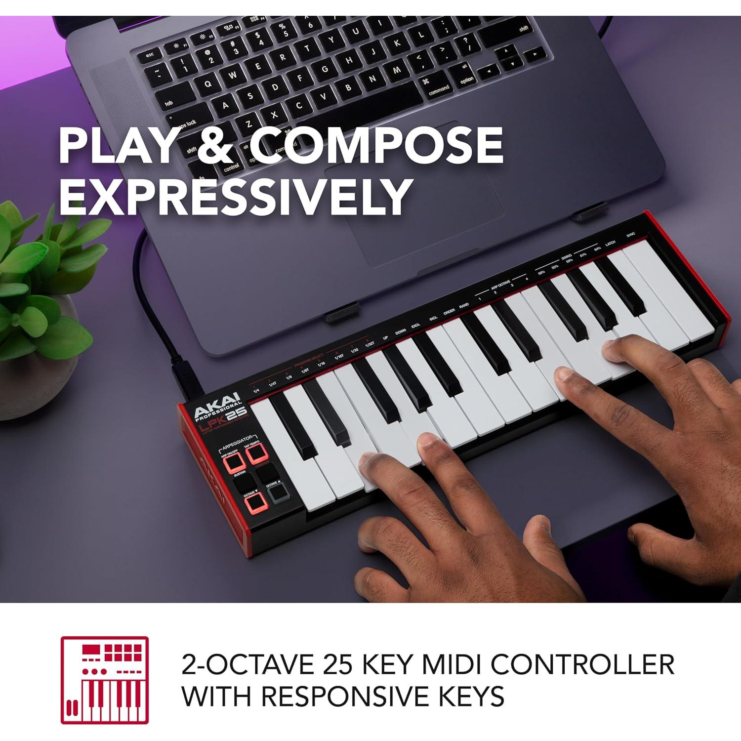 Controlador MIDI USB AKAI LPK25 - 25 Teclas Sintéticas Negro