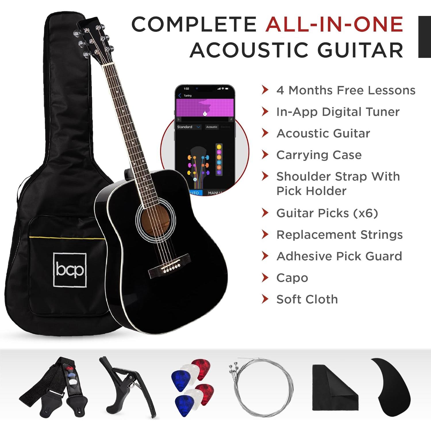 Guitarra Acústica Completa 41" Negra con Accesorios Incluidos