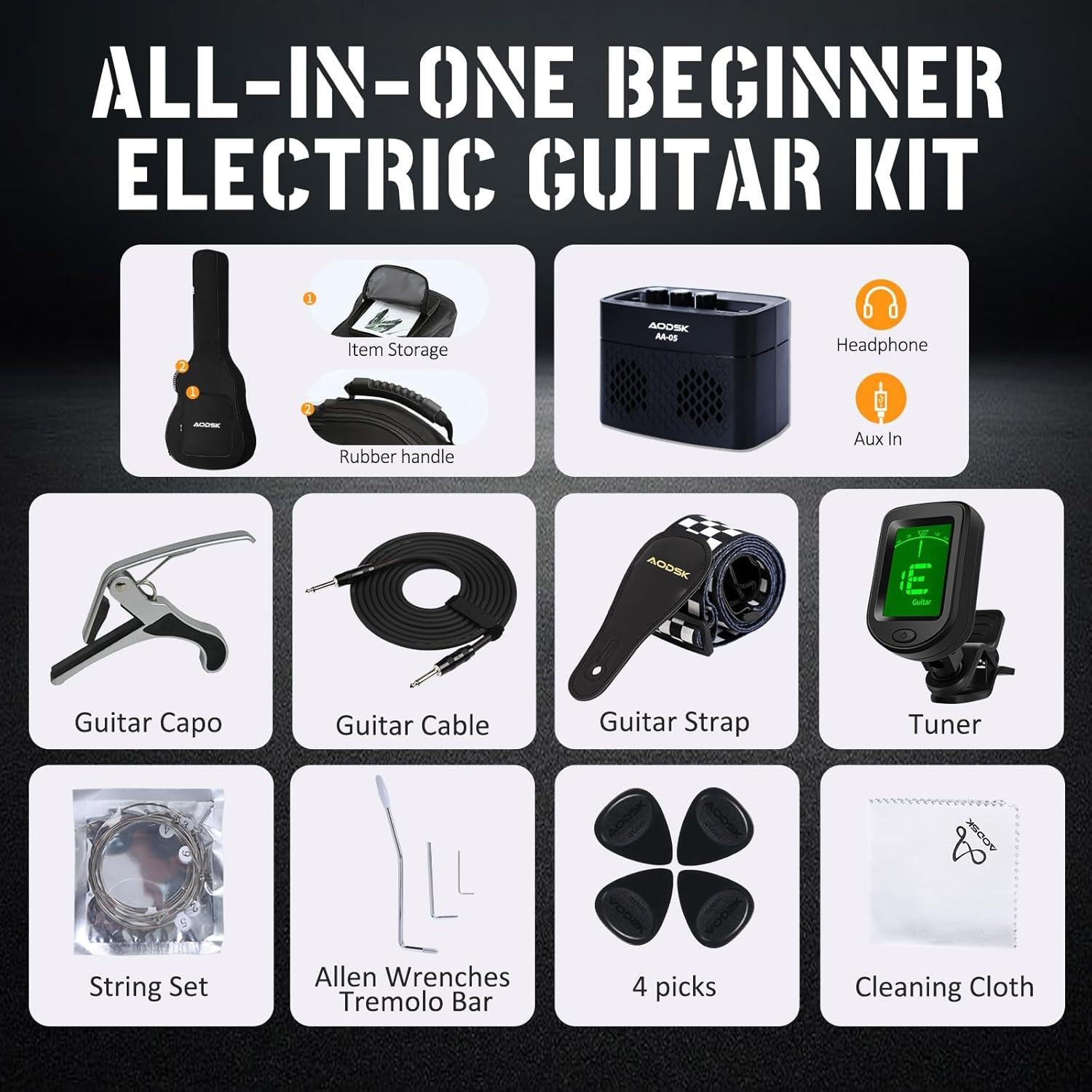 Kit de guitarra eléctrica AODSK 39" con amplificador y accesorios