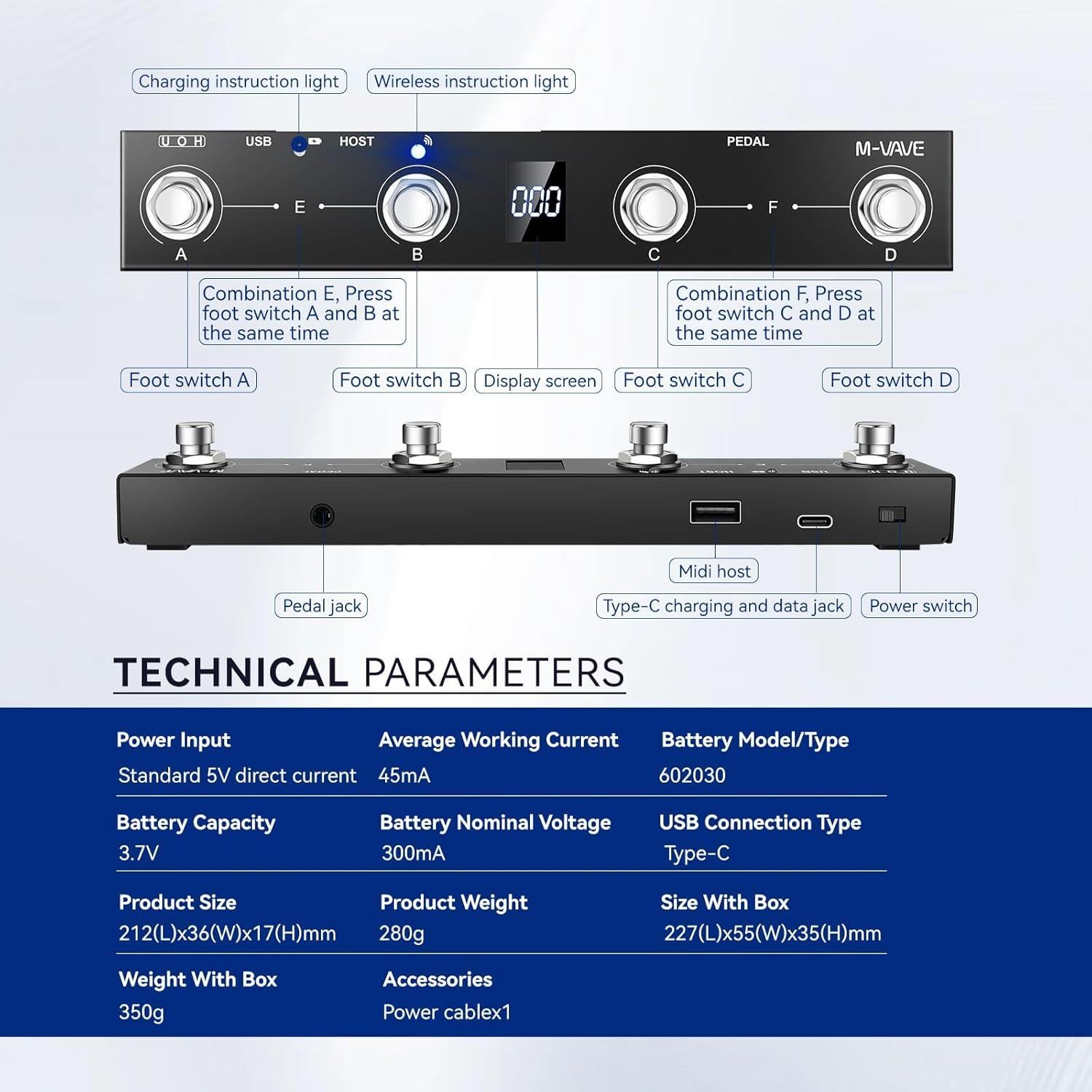 Controlador de Pedal MIDI Inalámbrico Chocolate Plus 4 Botones
