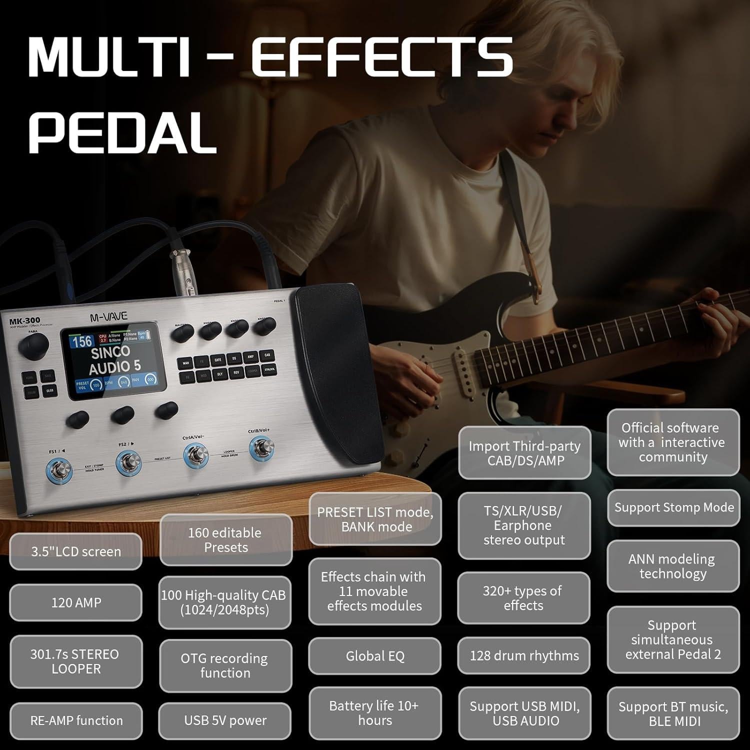 Pedal de Multi-efectos MK-300 con 320+ Efectos y Looper