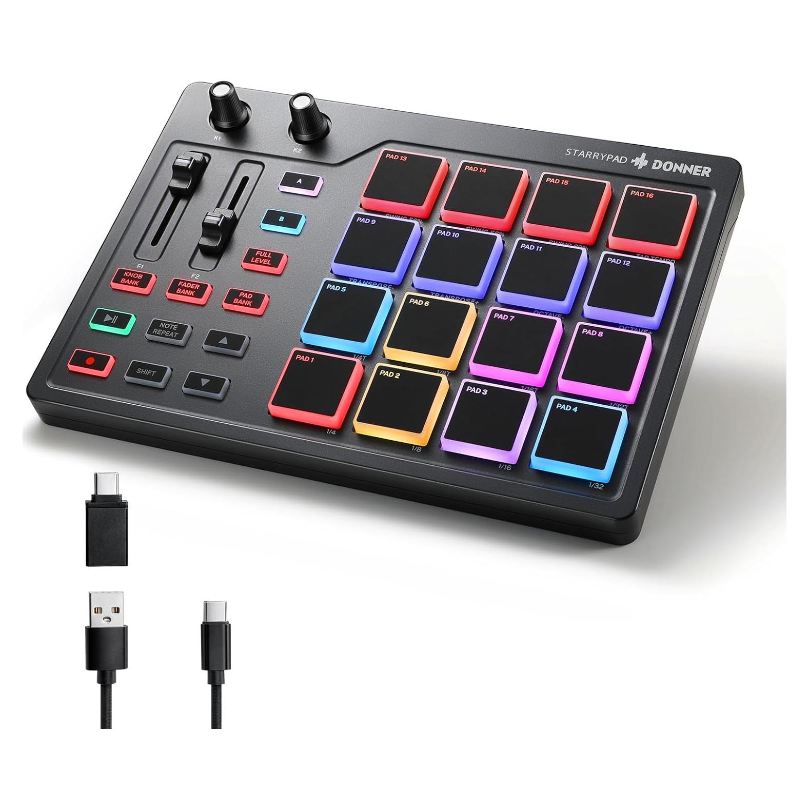 Controlador MIDI Donner STARRYPAD 16 Pads USB-C con Faders