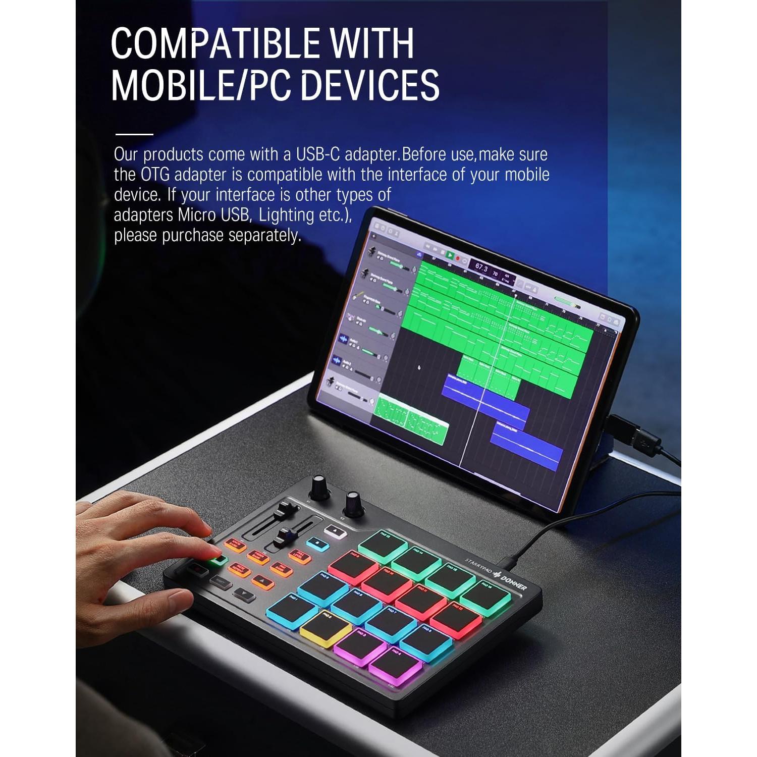Controlador MIDI Donner STARRYPAD 16 Pads USB-C con Faders