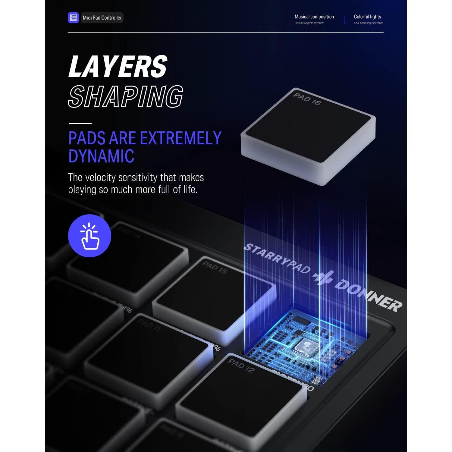 Controlador MIDI Donner STARRYPAD 16 Pads USB-C con Faders