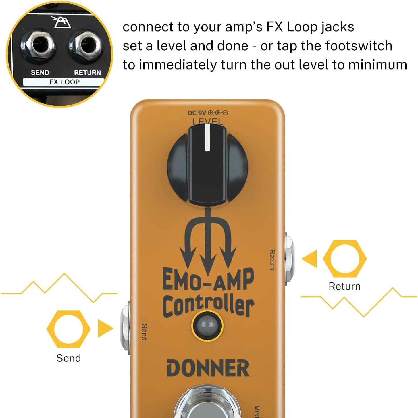 Pedal Atenuador Donner EMO-AMP 9V para Guitarra - Bypass Verdadero